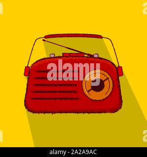 60s vintage retro portable red radio flat icon rough outline long shadow style Stock Vector