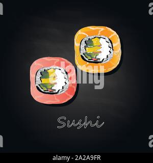Nigiri Sushi illustration on dark background isolated. Top view. Stock Vector
