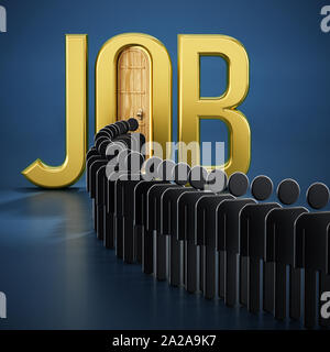 Stick figures waiting in the line leading to the job word with half open door. 3D illustration. Stock Photo