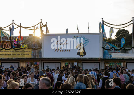 Munich, Germany, 2019 September 19: Aerial view of tourist and locals in front of the entrance of the Oide Wiesn. The Oide Wiesn is a port of the Stock Photo