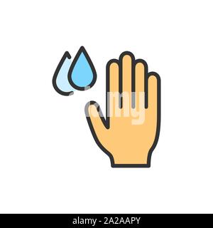 Vector hand with water drops, hygiene, washing hands flat color line icon. Stock Vector