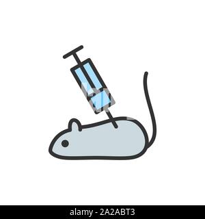 Vector experimental mouse, rat with syringe flat color line icon. Stock Vector
