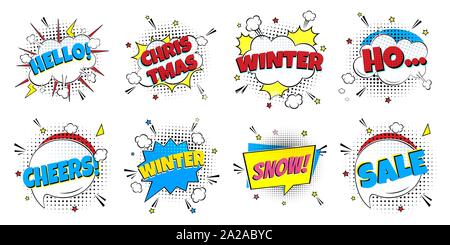 8 Comic Winter Lettering In The Speech Bubbles Comic Style Flat Design. Dynamic Pop Art Vector Illustration Isolated On White Background. Exclamation Stock Vector