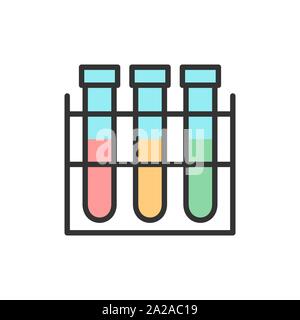 Vector test tube, experiment flask, laboratory glass flat color line icon. Stock Vector