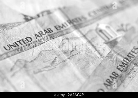 United Arab Emirates dirhams close up. Monochrome money background Stock Photo