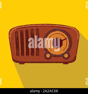 50s vintage retro  detailed brown wood wooden radio icon flat rough outline style Stock Vector