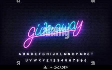 Giveaway neon lettering. Glowing billboard sign for social media marketing give away Stock Vector