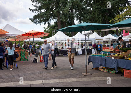 Saturday farmers market in Lake Oswego, a southern suburb within the Portland metro area, seen on Sep 14, 2019. Stock Photo