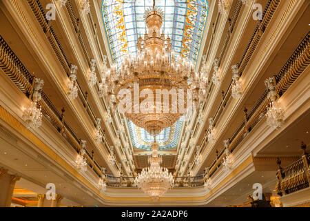 ANTALYA, TURKEY - SEPTEMBER 12, 2019: Chandeliers in Mardan Palace luxury hotel, the most expensive Europeans resort Stock Photo