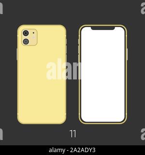 New gold 11 Smartphone mock up frameless blank screen isolated on background. Front and colorful back side. Stock Vector
