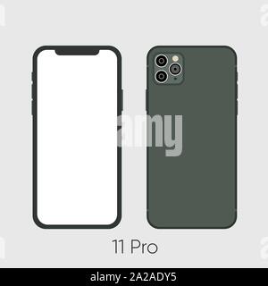 New 11 Smartphone mock up frameless blank screen isolated on background. Front and colorful back side. Stock Vector