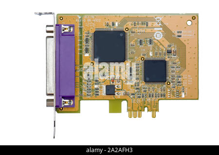 Card add port parallel on motherboard pc isolated on a white background. Stock Photo