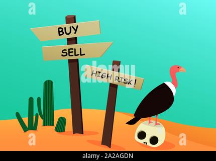 Corpse investor in desert with signpost, vulture and cactus, vector Stock Vector