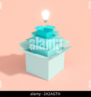 3d image render of a light bulb coming out of a series of boxes of different sizes. Concept of creativity and innovative ideas. Stock Photo