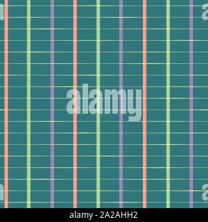 Classic rectangular hand drawn grid in purple, pastel red and green Seamless geometric vector pattern on teal background. Modern vintage style. Great Stock Vector