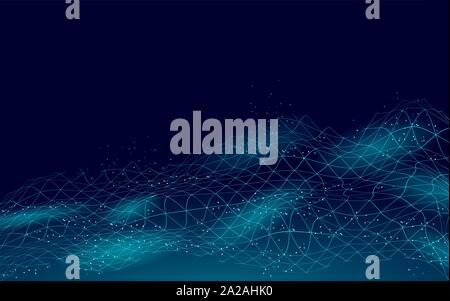 Abstract digital landscape 3D blue background. Information code flow data analysis concept. Modern grid mesh scape particle connected dots vector Stock Vector