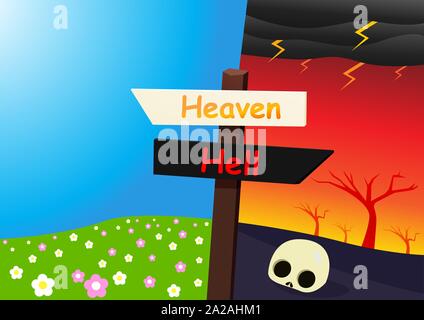 Heaven and hell landscape with signpost, vector art design Stock Vector