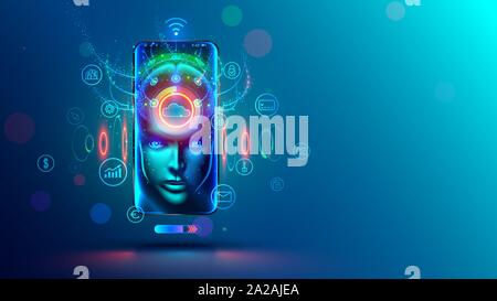 AI in phone. Mobile online assistance in phone with artificial intelligence. Chatbot and internet helper in smartphone. App of virtual personal Stock Vector
