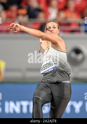 Christin Hussong (Germany). Javelin Throw final. IAAF World Athletics Championships, Doha 2019 Stock Photo