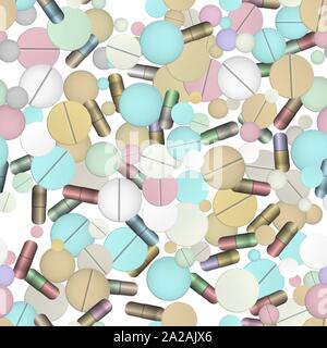 Tablets and vitamins. Vector illustration. Seamless pattern background. Stock Vector