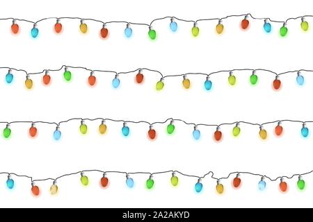 Glowing multicolor Christmas garlands. Lights bulbs on white background. Vector illustrayion. New Year decorations. Stock Vector