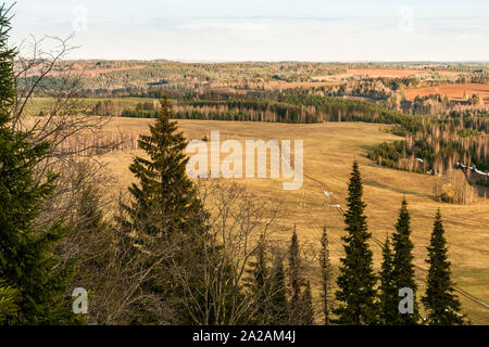 View from the top of the hill to fields, groves, winding road and tops of fir trees in early spring Stock Photo