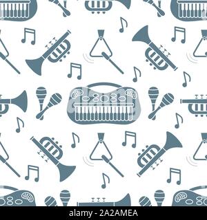 Vector seamless pattern with children's musical toys. Illustration with musical instruments. Maracas, synthesizer, trumpet, triangle and notes. Toys f Stock Vector