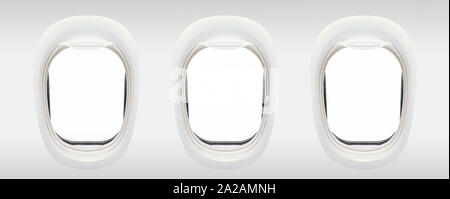 Blank windows of airplane from inside, aerial travel concept Stock Photo