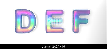 3D text of the letter d, e, f in the style of soap bubbles with a rainbow tint on a white background Stock Photo