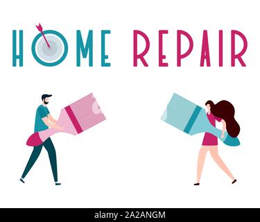 Vector illustration with people holding tools for painting works, home repair inscription. Painting, repair of premises. Building, construction, home Stock Vector