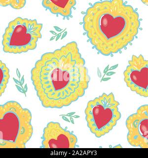Seamless vector folk art burning red heart pattern with hand drawn tin work heart on pastel tones. Elegant and cheerful design for valentine, wedding, mothers day and your personal sweetheart. Stock Vector