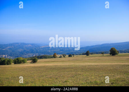 Beautiful nature rural landscape, forest and hills, panoramic view from the peaks of the Rajac mount, Serbia, Europe. Stock Photo