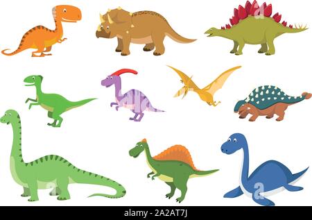 Set of 10 cute dinosaurs in cartoon style vector illustration Stock Vector