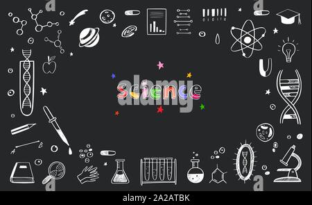 Vector hand drawn Science and Education doodle Frame . DNA, Biology, Astronomy and other objects. Stock Vector