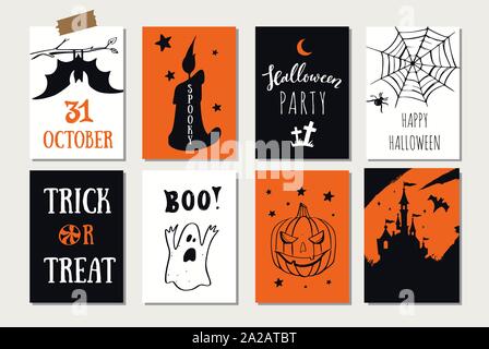 Set of vector Halloween party banners, invitations cards with hand drawn illustrations. Stock Vector