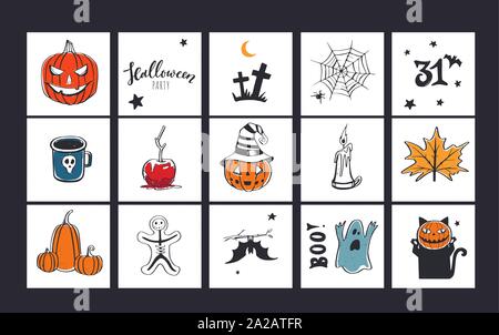 Set of vector Halloween party banners, invitations cards with hand drawn illustrations. Stock Vector
