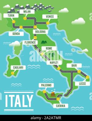 Cartoon vector map of Italy. Travel illustration with italian main cities  Stock Vector Image & Art - Alamy