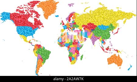 Low Poly World Map with countries on different colors Stock Vector