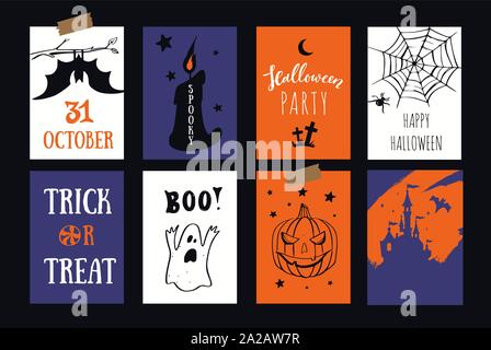 Set of vector Halloween party banners, invitations cards with hand drawn illustrations. Stock Vector