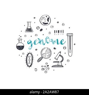 Genetic engineering and medical research vector background. DNA helix, genome testing elements. Chemical laboratory concept Stock Vector