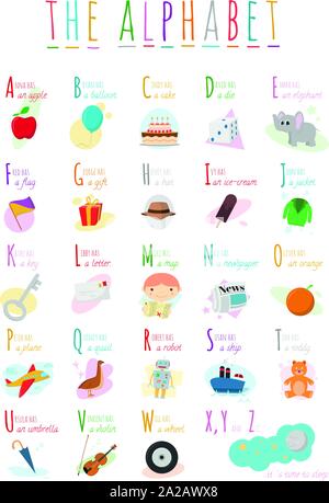 Cute cartoon illustrated alphabet with names and objects. English alphabet. Learn to read. Isolated Vector illustration. Stock Vector