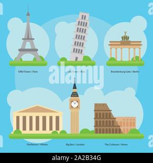 Vector illustration of Monuments and landmarks in Europe Vol. 1: Eiffel Tower, Leaning Tower, Brandenburg Gate, Parthenon, Big Ben and The Colosseo Stock Vector