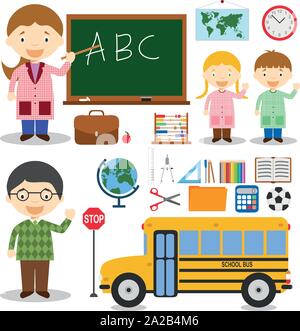 Teacher and school characters vector illustration, with educational icons and objects set Stock Vector