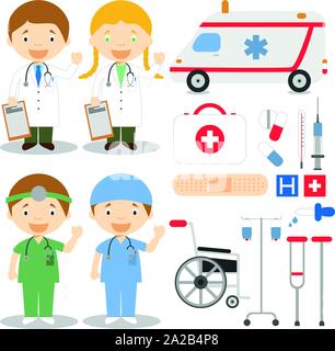 Doctor and nurses characters vector illustration, with medical icons and objects set Stock Vector
