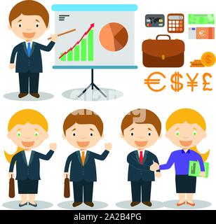 Businessman and businesswoman characters vector illustration, with finance icons and objects set Stock Vector