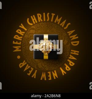 Black gift box on the center. Merry Christmas and New Year greeting card design.  Black and gold color composition. Vector illustration. Elements are Stock Vector