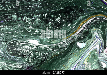 Colorful natural green marble ink paper texture on white watercolor background. Chaotic abstract organic design. Bath bomb waves. Stock Photo