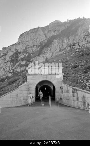 This is the entrance that leads into the tunnel and the Kehlstein elevator. This takes visitors to the Kehlsteinhaus mountain inn (above in the picture). Stock Photo