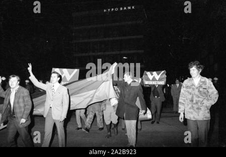 On 03.04.1971 the neo-Nazi party 'German People's Union' (today NPD) organized its first mass rally in Schwabinger Braeu in Munich, under the direction of the publisher Gerhard Frey.  There was a protest rally with leading politicians, a counter-demonstration and blockade of the building. Pictured: Members of the far-right organization 'Aktion Widerstand'. Stock Photo