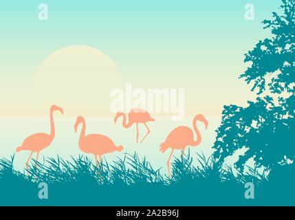 Realistic illustration of African landscape on sea shore with flock of flamingos, green-orange sky and rising sun - vector Stock Vector